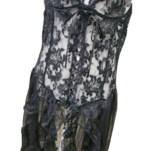 Women's Gorgeous Sheer Black‎ Lace Underwire Corset Teddy with Ruffle Train - Picture 2 of 11